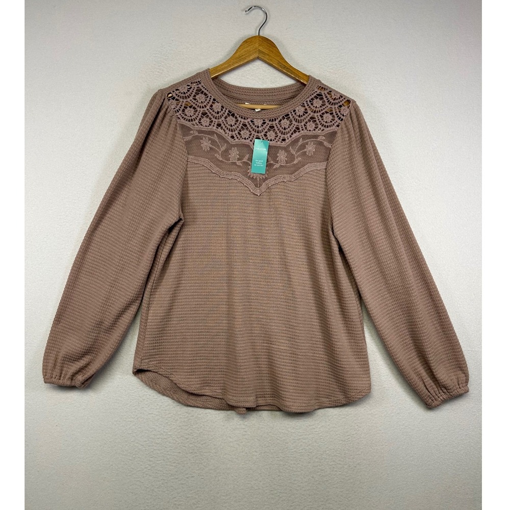 Boho Romantic NWT Maurices Womens Large Dusty Rose Lace Yoke Waffle Knit Top